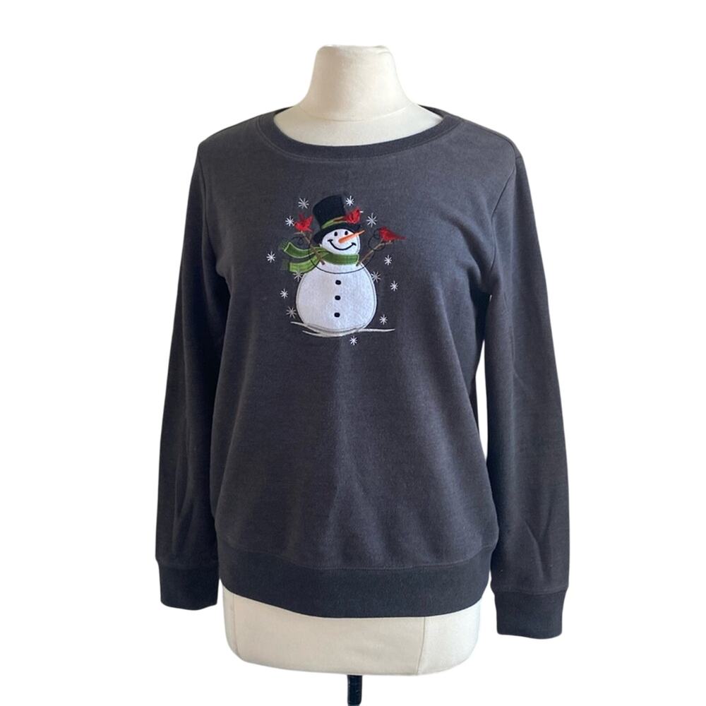 HOLIDAY Novelty Sweatshirt Womens Sz Small Grey Snowman Christmas Cozycore